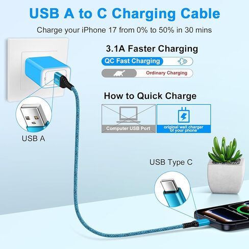 Type C Charger Cord Fast Charging 3 Pack 6FT for iPhone 17e 17 Pro Max 17 Pro 17 Air 16e 16 Pro Max/Plus 15, 3.1A USB A to USB C Cable Android Phone Charger Cord Car Charger for Samsung Galaxy S26 S25 in Kuwait