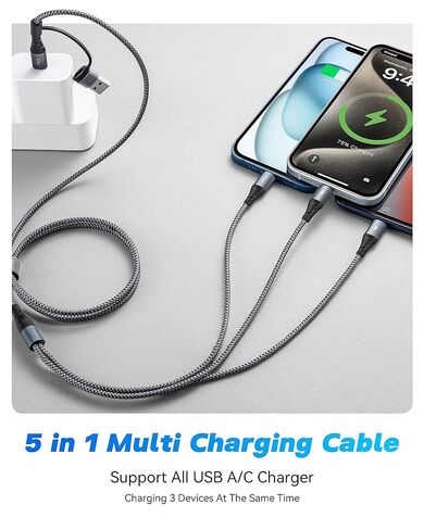 كابل شحن متعدد 5 في 1، 2 حزمة كابل شاحن متعدد بطول 4 أقدام USB A/C إلى Lightning/Type C/Micro USB منافذ شحن متعددة سلك شحن عالمي لسلسلة iPhone/Samsung/الأجهزة اللوحية والمزيد in Kuwait