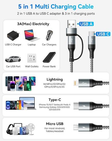 كابل شحن متعدد 5 في 1، 2 حزمة كابل شاحن متعدد بطول 4 أقدام USB A/C إلى Lightning/Type C/Micro USB منافذ شحن متعددة سلك شحن عالمي لسلسلة iPhone/Samsung/الأجهزة اللوحية والمزيد in Kuwait