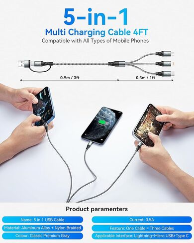 كابل شحن متعدد 5 في 1، 2 حزمة كابل شاحن متعدد بطول 4 أقدام USB A/C إلى Lightning/Type C/Micro USB منافذ شحن متعددة سلك شحن عالمي لسلسلة iPhone/Samsung/الأجهزة اللوحية والمزيد in Kuwait