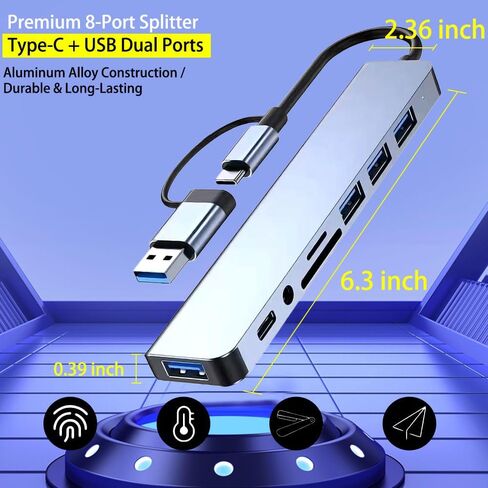 موزع USB C 8 في 1 مع قارئ بطاقات، إيثرنت، فتحات بطاقة SD/TF، ​​USB 3.0، فتحة بطاقة SD، منفذ شحن USB، لجهاز Mac-Book، لجهاز i-Pad Pro، والمزيد، محطة إرساء USB-C- in Kuwait