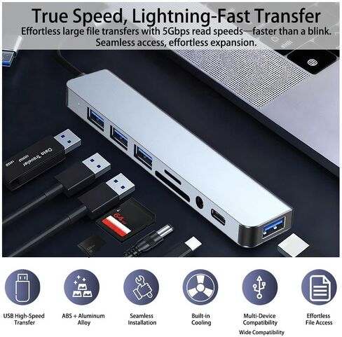 موزع USB C 8 في 1 مع قارئ بطاقات، إيثرنت، فتحات بطاقة SD/TF، ​​USB 3.0، فتحة بطاقة SD، منفذ شحن USB، لجهاز Mac-Book، لجهاز i-Pad Pro، والمزيد، محطة إرساء USB-C- in Kuwait