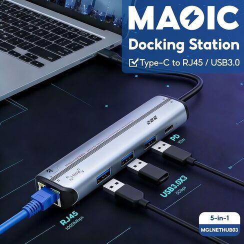 قاعدة كمبيوتر محمول 5 في 1 بموزع USB C، شحن سريع 87 وات PD، جيجابت إيثرنت RJ45، 3 محولات USB 3.0 متعددة المنافذ لأجهزة الكمبيوتر المحمولة MacBook Pro Air Dell in Kuwait