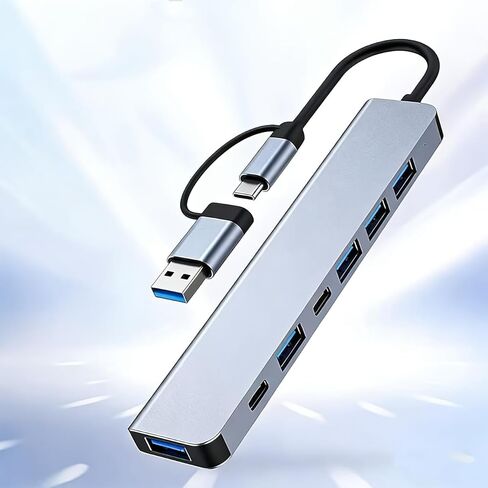 موزع USB 7 في 1 مع مدخل USB-C وUSB-A مزدوج، مقسم متعدد المنافذ، ألومنيوم فضي (4IN2-GREY) in Kuwait