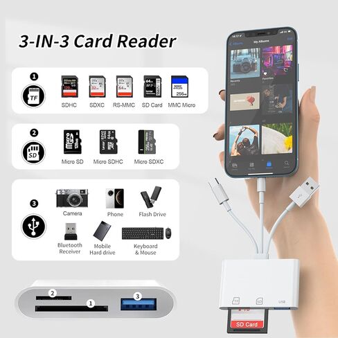 3IN3 SD Card Reader,USB C SD Card Reader,supports SD and MicroSD memory card adapter(includes USB A female port),compatible with flash drives,iPhone 15/16,MacBook,Mac,Trail Camera viewer,Plug and play in Kuwait