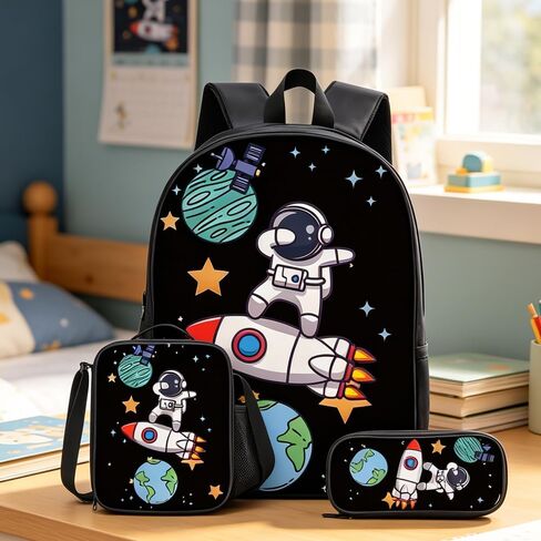 17'' Large-Capacity 3 in 1 Cartoon Astronaut Backpack Set With a Fashionable and Personalized Style is Exquisitely Designed and Widely Applicable, Making it an Ideal Choice(Black) in Kuwait
