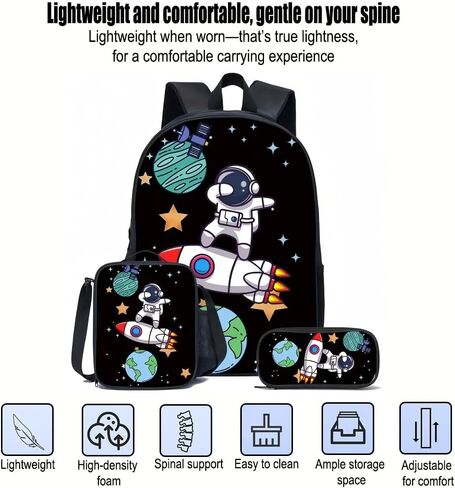 17'' Large-Capacity 3 in 1 Cartoon Astronaut Backpack Set With a Fashionable and Personalized Style is Exquisitely Designed and Widely Applicable, Making it an Ideal Choice(Black) in Kuwait