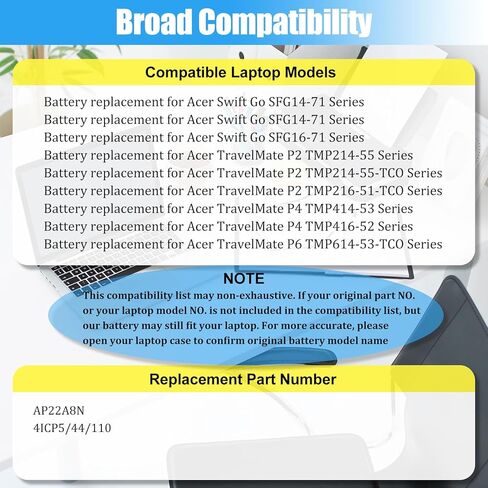 بطارية بديلة AP22A8N لجهاز Acer Swift Go SFG14-71 SFG14-72 SFG16-71 TravelMate P2 TMP214-55 TMP216-51-TCO TravelMate P4 TMP416-52 TMP614-53-TCO بطارية كمبيوتر محمول من سلسلة 65.01 وات في الساعة in Kuwait