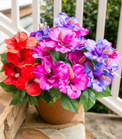 Artificial Flowers for Outdoors Faux Plants 4 Bundles Realistic Fake Hibiscus Tropical Flower UV Resistant Silk Flowers for Outside Planter Porch Patio Yard Garden Window Home Decoration, Mix in Saudi Arabia