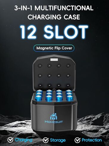 Homesuit Rechargeable AAA Batteries Lithium with Charger 12-Slot, 12-Pack 1300mWh 1.5V Constant Output Triple AAA Batteries Rechargeable with Smart Charging LED Display in Kuwait