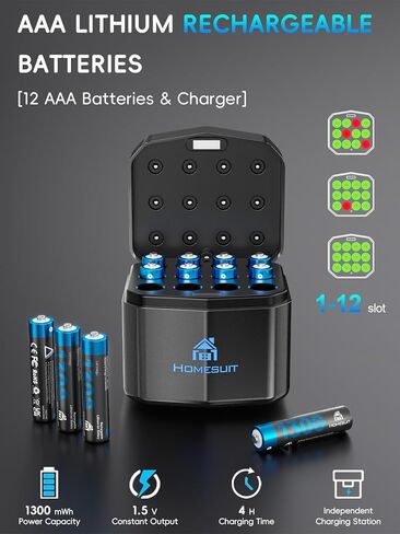 Homesuit Rechargeable AAA Batteries Lithium with Charger 12-Slot, 12-Pack 1300mWh 1.5V Constant Output Triple AAA Batteries Rechargeable with Smart Charging LED Display in Kuwait