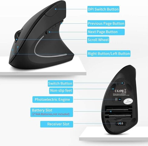 ماوس ASOYIOL مريح لاسلكي، ماوس عمودي قابل لإعادة الشحن مع جهاز استقبال USB، 6 أزرار 800/1200/1600 فأرة كمبيوتر للكمبيوتر المحمول (اليد اليمنى، أسود) in Kuwait