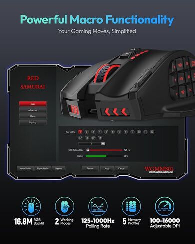 ماوس الألعاب اللاسلكي RED SAMURAI، ماوس ألعاب سلكي/لاسلكي بدقة 16000 نقطة في البوصة، 16 زرًا قابلاً للبرمجة، إضاءة خلفية 16 ميجا RGB، بطارية تدوم 70 ساعة ومستشعر بصري، مع 12 زرًا جانبيًا/ماوس ألعاب MMO بزر نار in Kuwait