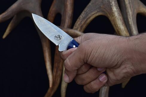 Knives Ranch Handmade Damascus Steel Knife Full Tang Arched Spine Handy Knife - Blue Cattale Bone Handle - Cowboy Crossdraw Sheath Snug Fit (4404-BLU) in Kuwait