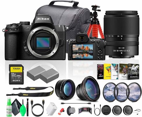 كاميرا Nikon Z50 II صغيرة الحجم خفيفة الوزن وغير مزودة بمرآة مع مجموعة عدسات مقاس 18-140 مم f/3.5-6.3 (NIZ5021814LK) + بطاقة ذاكرة سعة 64 جيجابايت + بطارية EN-EL25 + برنامج صور + عدسة مقربة مقاس 62 مم + المزيد in Kuwait