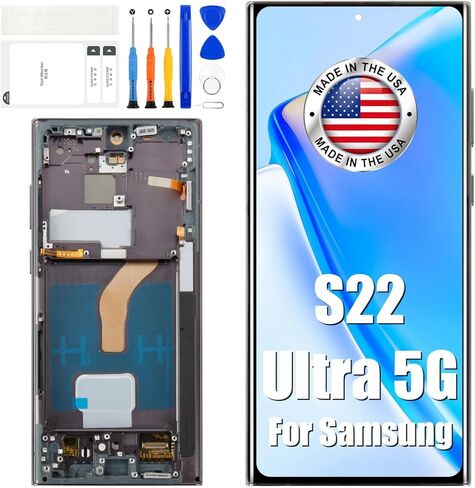 شاشة OLED Galaxy S22 Ultra 5G LCD بديلة لشاشة Samsung Galaxy S22 Ultra LCD تعمل باللمس مع إطار + مجموعة أدوات S908U S908A SM-S908U الإصدار الأمريكي أسود in Kuwait