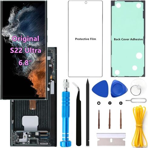 شاشة بديلة أصلية 6.8 بوصة AMOLED 120 هرتز S22 Ultra OEM لهاتف Samsung Galaxy S22Ultra 5G SM-S908U SM-S908U1 مجموعة محول رقمي لشاشة تعمل باللمس (إطار أسود + واقي + لاصق + أدوات) in Kuwait