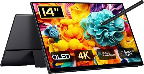 شاشة OLED محمولة مقاس 14 بوصة بدقة 4K، شاشة تعمل باللمس UHD 3840X2400p 100% DCI-P3 100000:1، شاشة سفر USB-C HDMI مع مسند وحافظة للكمبيوتر المحمول Mac PC in Kuwait