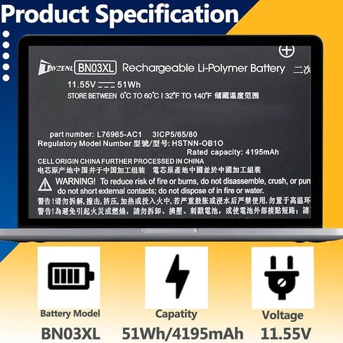 11.55V 51Wh/4195 BN03XL بطارية بديلة لسلسلة HP Envy 13 13-BA 13-AR 13-AY 15-ED 15M-ED 15T-ED 15-EU 15M-EU 15-EE 15M-EE 15Z-EE 15-ES 15T-ES in Kuwait