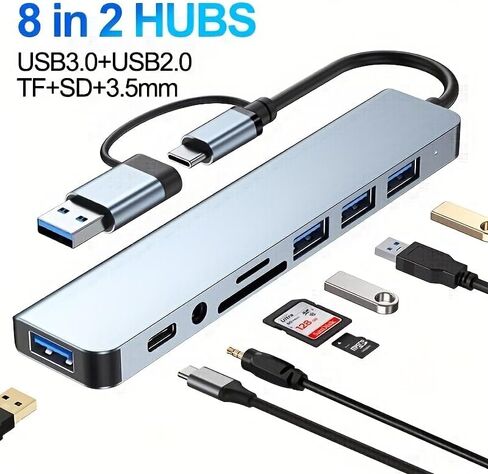 USB C Hub USB Hub 3.0، موسع USB 8 في 1 مقبس سماعة رأس Aux 3.5 ملم متوافق مع MacBook Pro Air والمزيد من أجهزة الكمبيوتر/الكمبيوتر المحمول/الكمبيوتر اللوحي in Kuwait