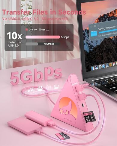 موزع HDMI USB C 8 في 1 وردي اللون و7 منافذ USB-A 3.0 مع إضاءة RGB، محور حزمة مع HDMI 4K 30 هرتز، PD 100 وات، منافذ بيانات USB/USB C، فتحات SD/TF، ​​تصميم عمودي أنيق لأجهزة MacBook وiMac والكمبيوتر الشخصي in Kuwait