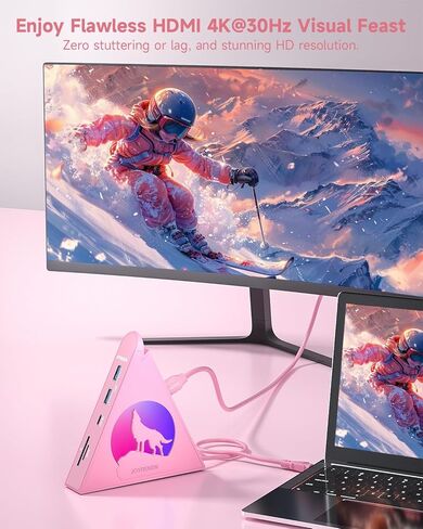 موزع HDMI USB C 8 في 1 وردي اللون و7 منافذ USB-A 3.0 مع إضاءة RGB، محور حزمة مع HDMI 4K 30 هرتز، PD 100 وات، منافذ بيانات USB/USB C، فتحات SD/TF، ​​تصميم عمودي أنيق لأجهزة MacBook وiMac والكمبيوتر الشخصي in Kuwait
