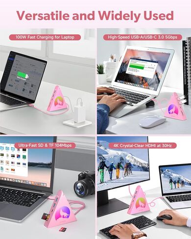 موزع HDMI USB C 8 في 1 وردي اللون و7 منافذ USB-A 3.0 مع إضاءة RGB، محور حزمة مع HDMI 4K 30 هرتز، PD 100 وات، منافذ بيانات USB/USB C، فتحات SD/TF، ​​تصميم عمودي أنيق لأجهزة MacBook وiMac والكمبيوتر الشخصي in Kuwait