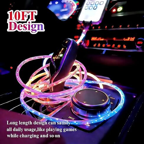 10FT Type C LED Light Up Charging Cable 66W Starry USB C to C Charger Lighted Fast Charging Cord RGB Flowing Light Up Charger Cord Compatible with iPhone 17/16/15/Samsung Galaxy S23 S22 More in Kuwait