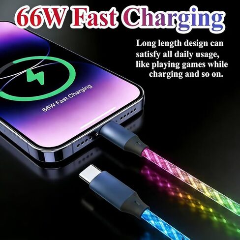 10FT Type C LED Light Up Charging Cable 66W Starry USB C to C Charger Lighted Fast Charging Cord RGB Flowing Light Up Charger Cord Compatible with iPhone 17/16/15/Samsung Galaxy S23 S22 More in Kuwait