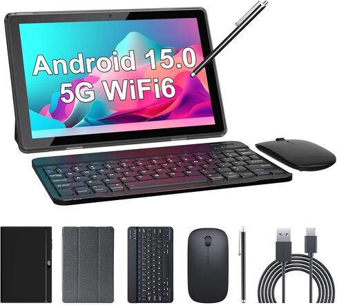 Tablet 2 in 1 Tablets 10 inch Android 15 Tablet Set with Keyboard Case Mouse Stylus Pen, 8GB+32GB Tablets 10.1" HD Touch Screen Tab, 2MP+8MP Dual Camera 6000mAh battery WiFi6 Bluetooth Tableta PC Pink in Kuwait