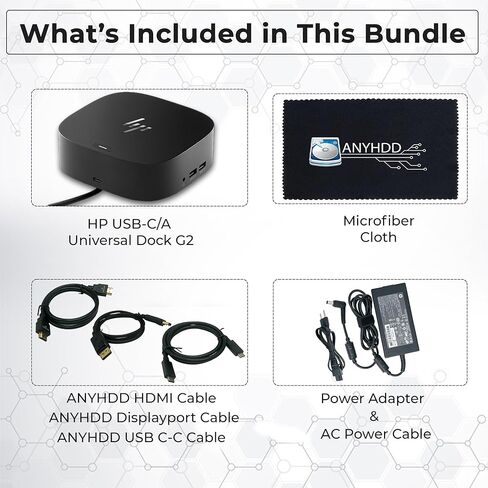 HP 5TW13UT#ABA Universal Dock G2 - لجهاز الكمبيوتر المحمول بقدرة 120 وات، USB من النوع C مع HDMI، وكابل منفذ العرض وكابل C إلى C مع قطعة قماش in Kuwait