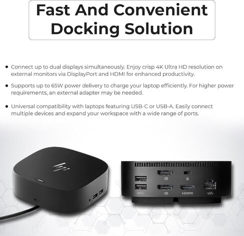 HP 5TW13UT#ABA Universal Dock G2 - لجهاز الكمبيوتر المحمول بقدرة 120 وات، USB من النوع C مع HDMI، وكابل منفذ العرض وكابل C إلى C مع قطعة قماش in Kuwait