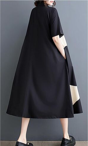 ellazhu Women's Short Sleeves Color Block Midi Length Button Down Shirt Dress GZ191 A in Saudi Arabia