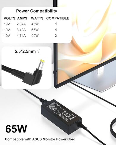 سلك طاقة شاشة 19 فولت متوافق مع سلك طاقة شاشة Asus 22 بوصة 23 بوصة 24 بوصة 25 بوصة 27 بوصة LED VX238H VX238H-W VX228 VX228H VX248 VG278Q VG278 VG279 VG279Q MX279H VX239H VX279H مزود الطاقة in Kuwait