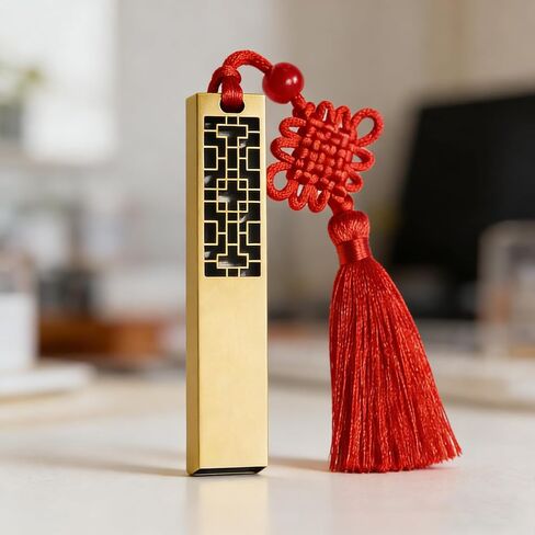 16GB USB Flash Drive, Retro Chinese Style Brass Metal, Hollowed-Out Window Pattern Design with Chinese Knot Tassel Hanging Cord in Kuwait