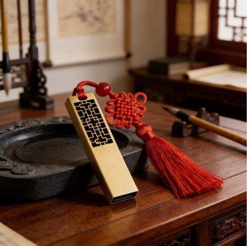 16GB USB Flash Drive, Retro Chinese Style Brass Metal, Hollowed-Out Window Pattern Design with Chinese Knot Tassel Hanging Cord in Kuwait
