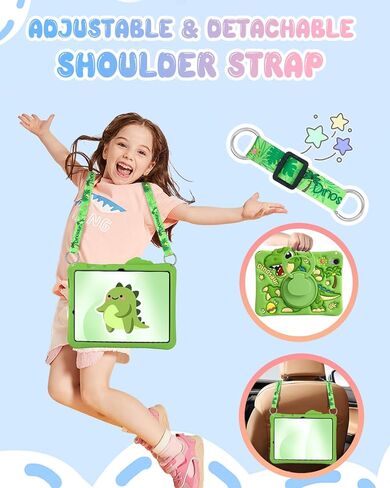 Boaretiu Tablet Case - Cute Cartoon Silicone Cover with Adjustable Shoulder Strap & Rotating Stand for Kids Boys Girls, for Samsung Galaxy Tab S10 FE 2025/S9 FE 2023 Case 10.9", Green Dinosaur in Kuwait