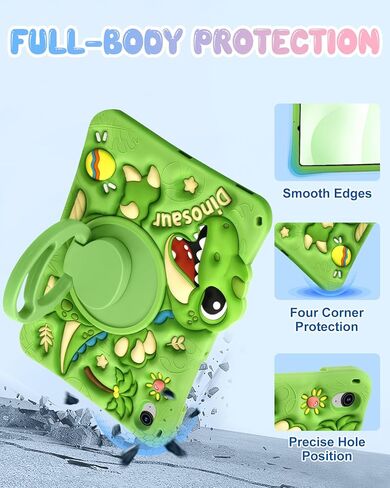 Boaretiu Tablet Case - Cute Cartoon Silicone Cover with Adjustable Shoulder Strap & Rotating Stand for Kids Boys Girls, for Samsung Galaxy Tab S10 FE 2025/S9 FE 2023 Case 10.9", Green Dinosaur in Kuwait