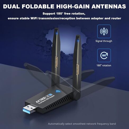 محول واي فاي بسرعة 1800 ميجابت في الثانية للكمبيوتر المكتبي - محول USB WiFi 6 مع هوائيات مزدوجة عالية الكسب 5dBi، نطاق مزدوج 2.4 جيجا هرتز/5 جيجا هرتز لأجهزة الكمبيوتر المحمول المتوافقة مع Windows11/10/8/7 - AX1830 in Kuwait