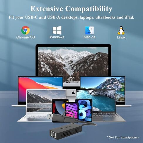 USB-C/A to 2.5 Gigabit Ethernet Adapter, Compact & Portable 2-in-1 USB 3.2 Type-A/Type-C to 2500Mbps RJ45 LAN Converter, Compatible for Microsoft Windows Mac OS iPadOS in Kuwait