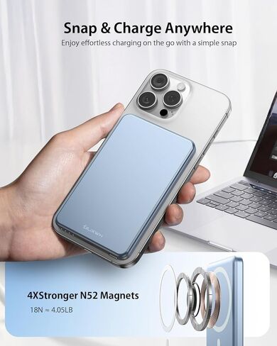 [0.3 بوصة فائق النحافة] [مصنوع من خليط معدني] ULiXWH لشاحن محمول Magsafe لهاتف iPhone، ترقية 2025 بنك طاقة مغناطيسي للشحن السريع بقدرة 5000 مللي أمبير في الساعة، حزمة بطارية لاسلكية لهاتف iPhone 17 Air 16 15 Pro Max 14، أزرق in Kuwait
