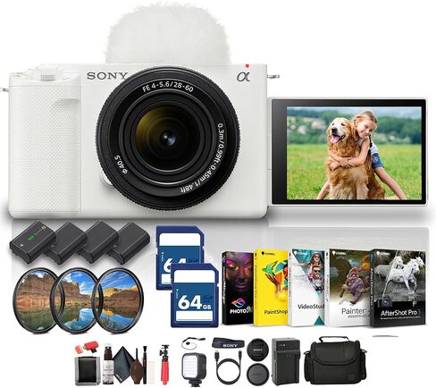 Sony Alpha ZV-E1 Full-Frame Vlog Mirrorless Lens Camera with 28-60mm Lens - White (ILCZVE1L/B) + 2 x 64GB Card + Filter Kit + Bag + 3 x NP-FZ100 Compatible Battery + External Charger + More in Kuwait