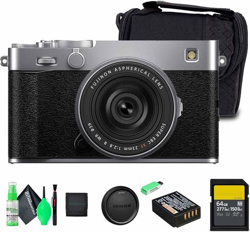 كاميرا FUJIFILM X-E5 الرقمية بدون مرآة مع عدسة XF 23 مم f/2.8 - فضية، حزمة مع بطاقة ذاكرة 64 جيجابايت + حقيبة حمل + طقم تنظيف + محفظة بطاقة ذاكرة + قارئ بطاقة USB + المزيد من الملحقات in Kuwait