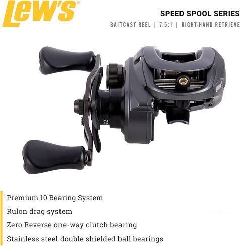 بكرة الصيد من Lew's Speed ​​Spool Baitcast، محامل 9+1، نسبة تروس 7.5:1، إطار من الألومنيوم، لوحة جانبية من الجرافيت، نظام فرامل MCS، تروس السرعة، سحب رولون، استرجاع اليد اليمنى، رمادي (تغليف البطلينوس) in Kuwait