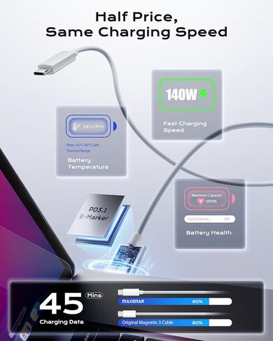 كابل Maxonar USB C إلى مغناطيسي 3 بطول 6.6 أقدام، يصل إلى 140 وات PD شحن سريع مجدول - بديل فقط لجهاز MacBook Pro 14 بوصة/16 ​​بوصة 2025/2024/ 2023/2021، Air 13 بوصة/15 بوصة M4 2025، M3 2024، M2 2023، 2022- أبيض in Kuwait