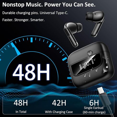 Wireless Earbuds 6 Mic ENC Noise Cancelling Clear Call, Bluetooth 5.4 in Ear Buds Deep Bass HiFi Stereo Sound, Big Dual LED Display 48H Playtime Earphones IPX7 Waterproof Headphones Android iOS Black in Kuwait