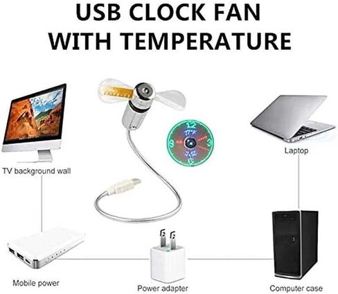 USB Fan with LED Clock Lighting – Mini Gooseneck Rechargeable Desk Fan, Time & Temperature Display, Portable Quiet Cooling Gadget for Home Office Laptop Travel (1pc) in Kuwait