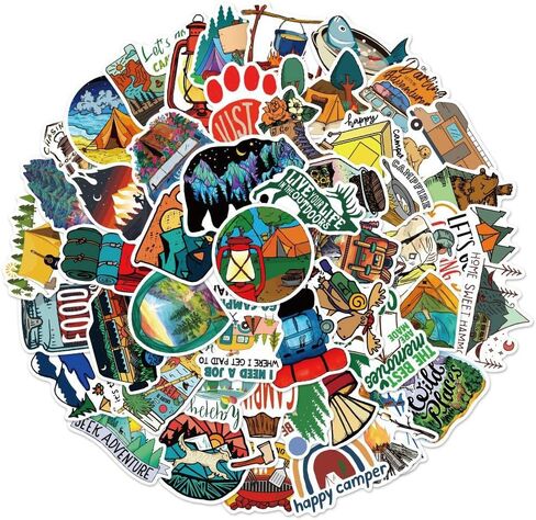 50Pcs Waterproof Camping Stickers Pack, Unique Outdoor Adventure Themed Decals for Water Bottles, Laptops, Cars, RVs, Camping Gear, Gifts for Campers, Hikers, Nature Lovers (Outdoor) in Kuwait