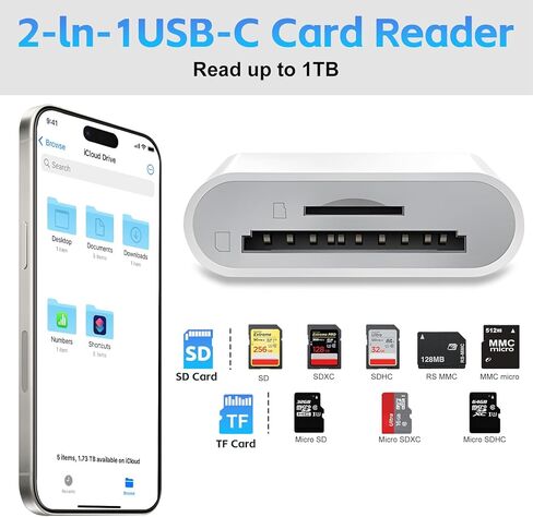 USB C SD Card Reader for iPhone 17/16/15/iPad/MacBook/Mac, wtyixs USB-C Type C SD Reader 2 Slots Supports SD and MicroSD Memory Card Adapter Digital Camera Adapter Trail Viewer, Plug and Play in Kuwait
