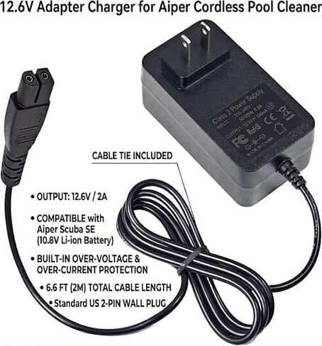 12.6V Adapter Charger for Aiper Cordless Pool Cleaner, Compatible with Aiper Scuba SE 10.8V Li-ion Battery, Automatic Pool Cleaner Power Supply Cord Cable Charger PSU in Kuwait